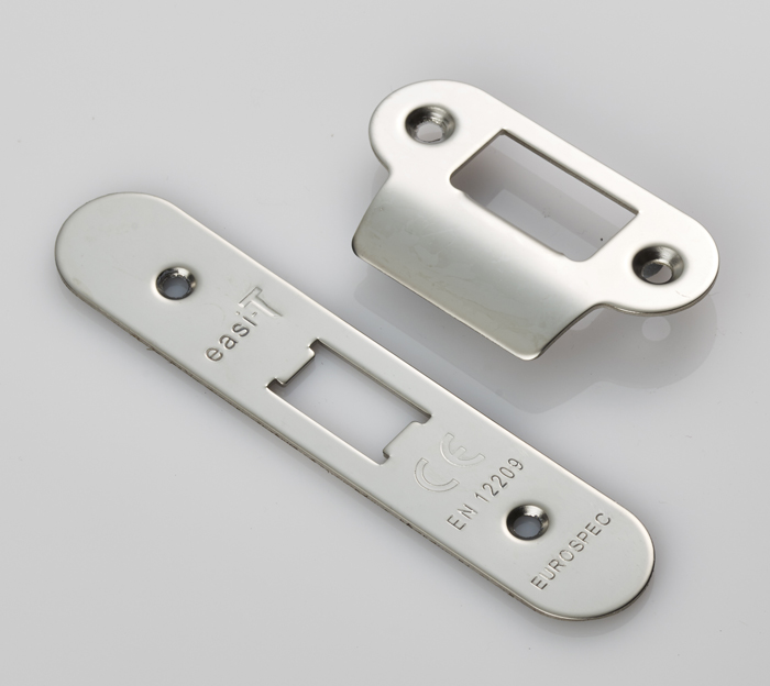 Forend Strike & Fixing Pack To Suit Flat Latch FLL5030-Bright Stainless Steel-Radius Forend - Image 1