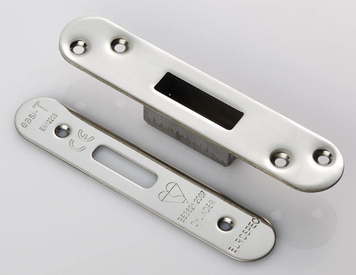 Easi T Forend Strike & Fixing Pack To Suit Euro Profile BS Cylinder Deadlock-Bright Stainless Steel-Radius Forend - Image 1