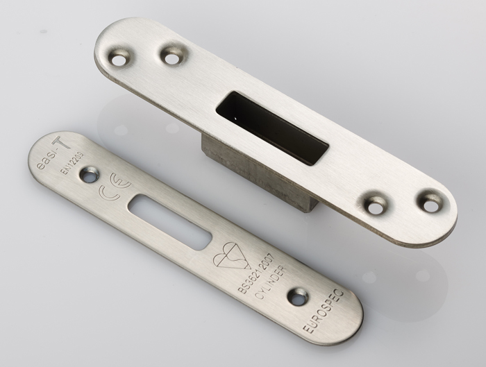 Easi T Forend Strike & Fixing Pack To Suit Euro Profile BS Cylinder Deadlock-Satin Stainless Steel-Radius Forend - Image 1