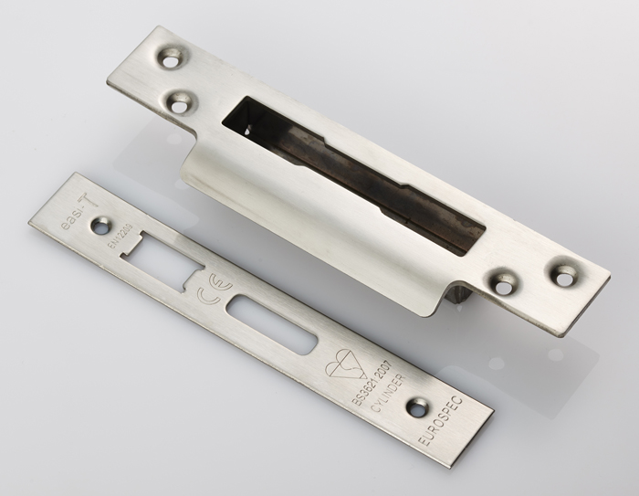 Easi T Forend Strikes & Fixing Pack To Suit BS Cylinder Sashlock-Satin Stainless Steel-Square Forend - Image 1