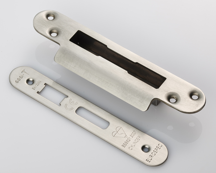 Forend Strike & Fixing Pack To Suit BS8621 Cylinder Sashlock-Satin Stainless Steel-Radius Forend - Image 1
